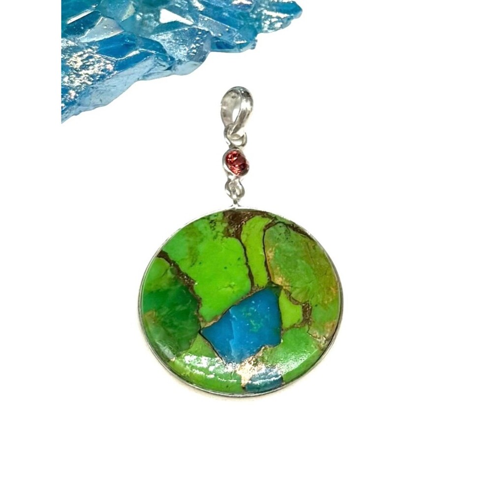Kingman Green Turquoise Garnet Necklace Pendant Solid 925 Sterling Silver